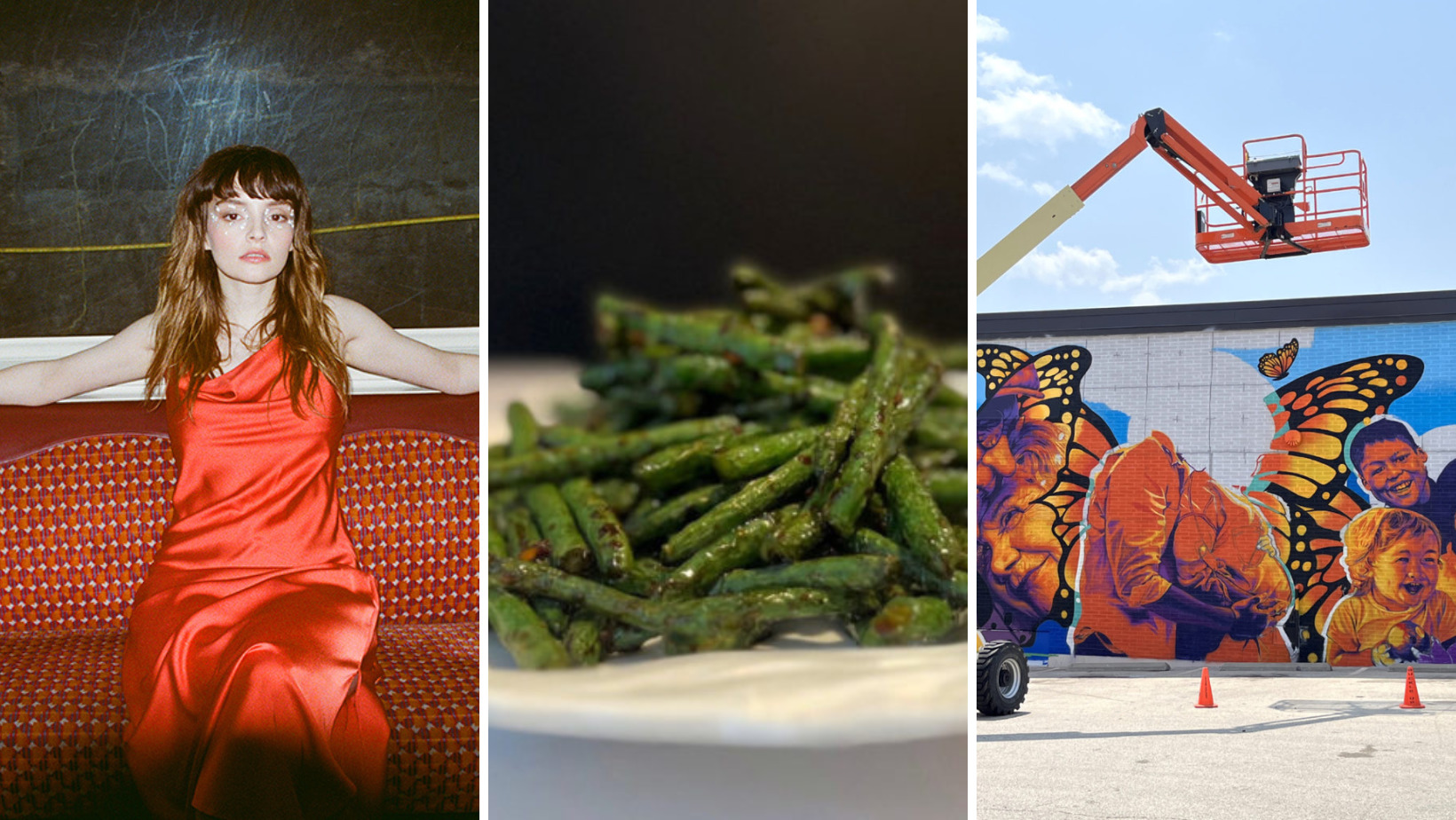 Three side by side images. The first is a white woman with long brown hair and a reddish orange dress, sitting on a sofa with arms outstretched. In the center is a white plate piled with cooked green beans. The third is a brightly colored mural on the side of a building, with a crane in the foreground.
