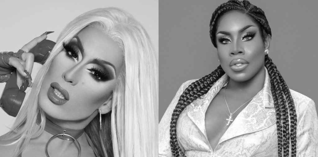 Side by side black and white photos of drag queens. The queen on the left is white, with long platinum hair, and is holding a phone to her ear. The queen on the right is Black, with long braids. She is wearing a white jacket and a cross necklace.