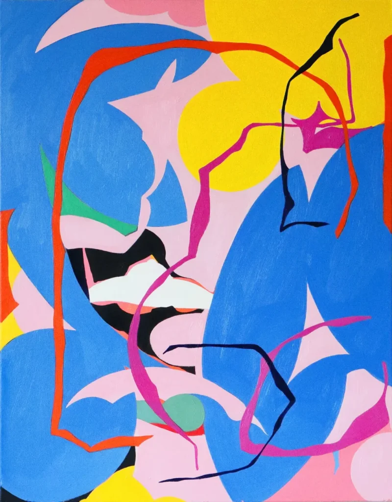 Daydreaming by Yeong Choi; abstract painting in blue, yellow, pink, and red