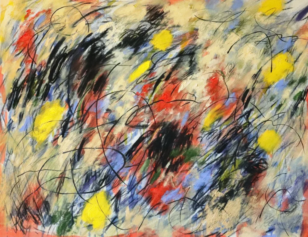 Yeong Choi, Euphoria, abstract painting in yellow, black, red, and blue