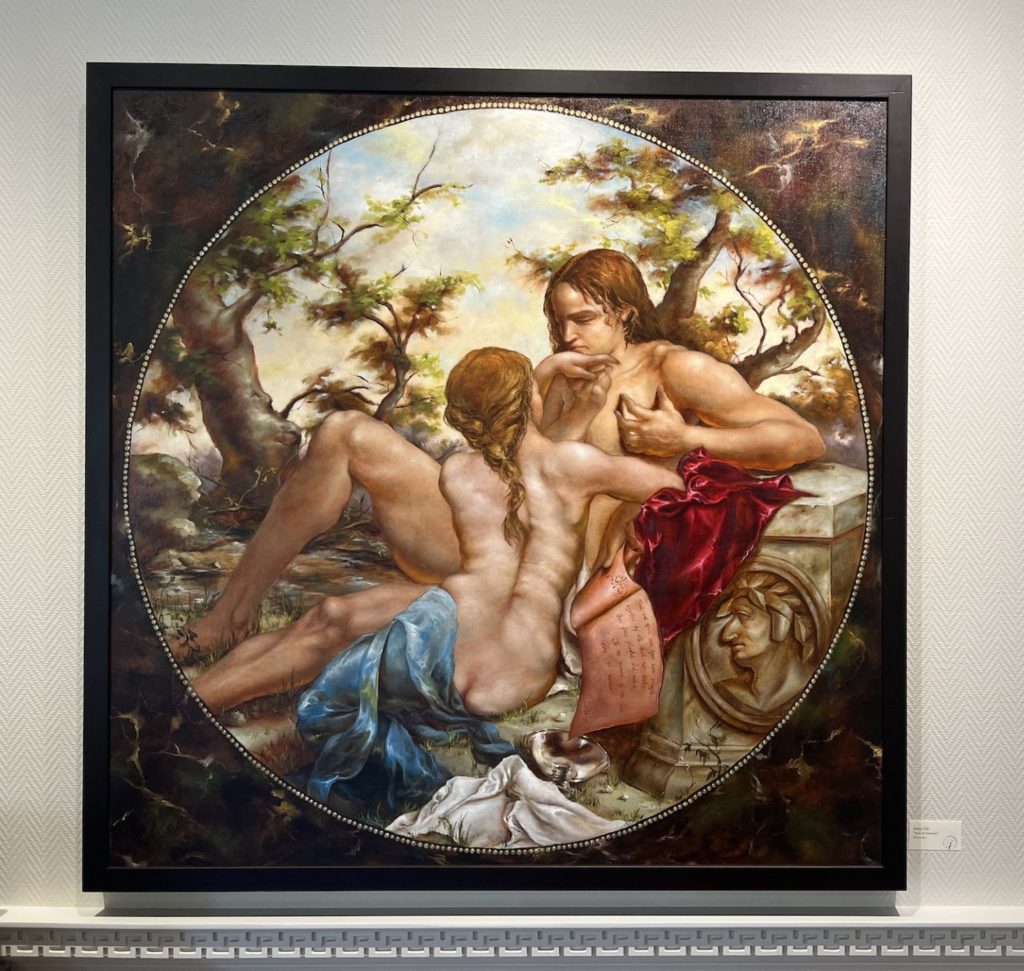 Paolo and Francesca by Jenny Chi, a large square painting with a circular vignette highlighting the title characters. Francesca is shirtless and facing away from the viewer with her back shown, she lays on Paolo outside.