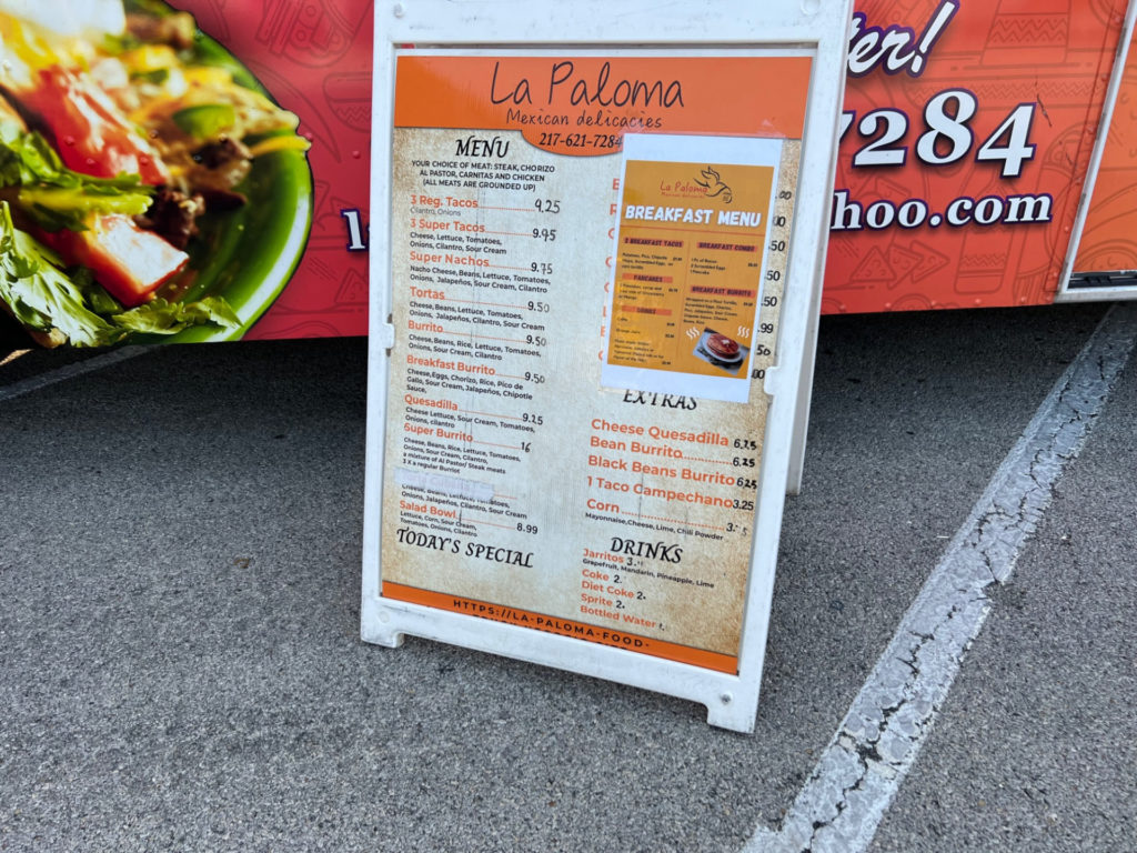 The menu for La Paloma food truck . Photo by Alyssa Buckley.