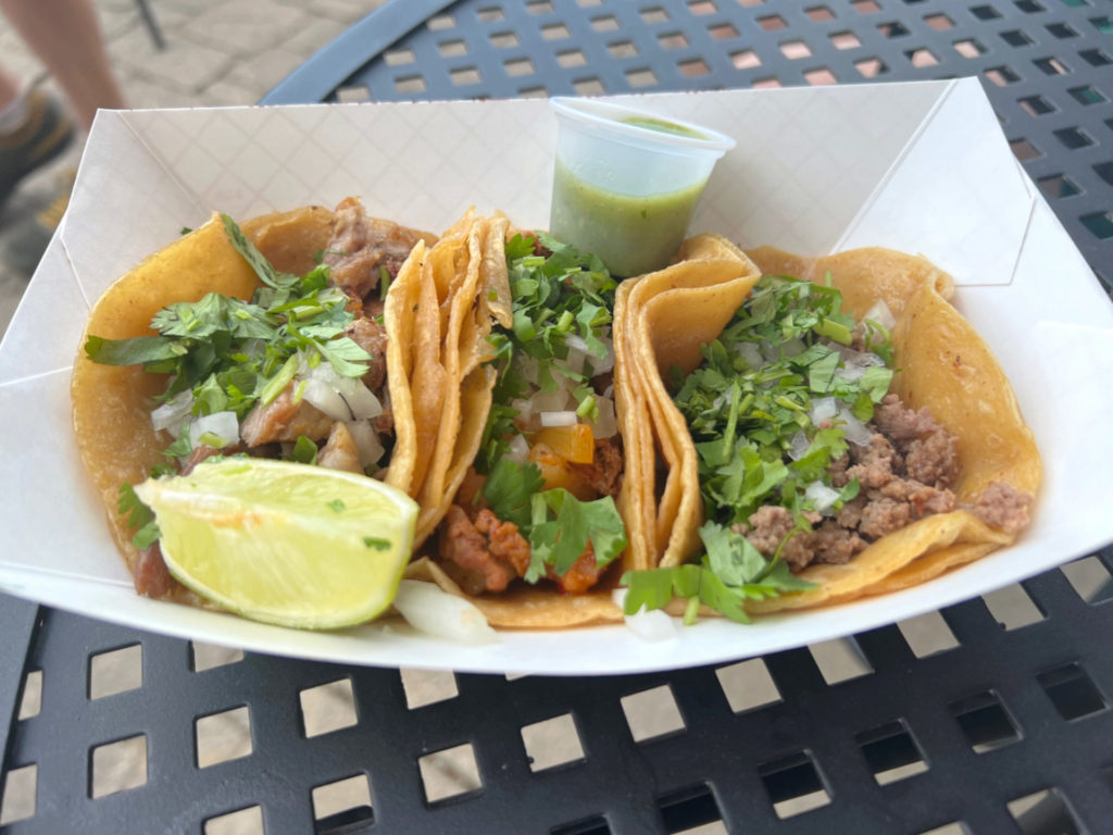 Three tacos from La Paloma food truck. Photo by Alyssa Buckley.