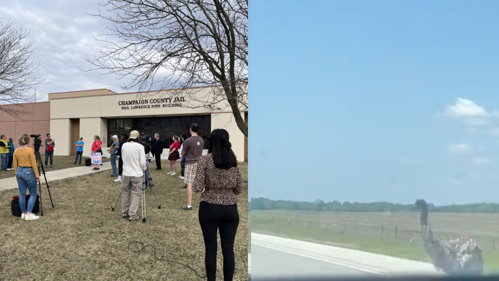 Two side by side photos. One is a gathering of people standing on the lawn in front of a building that says Champaign County Jail. The other is a grainy screenshot of an emu alongside a highway.
