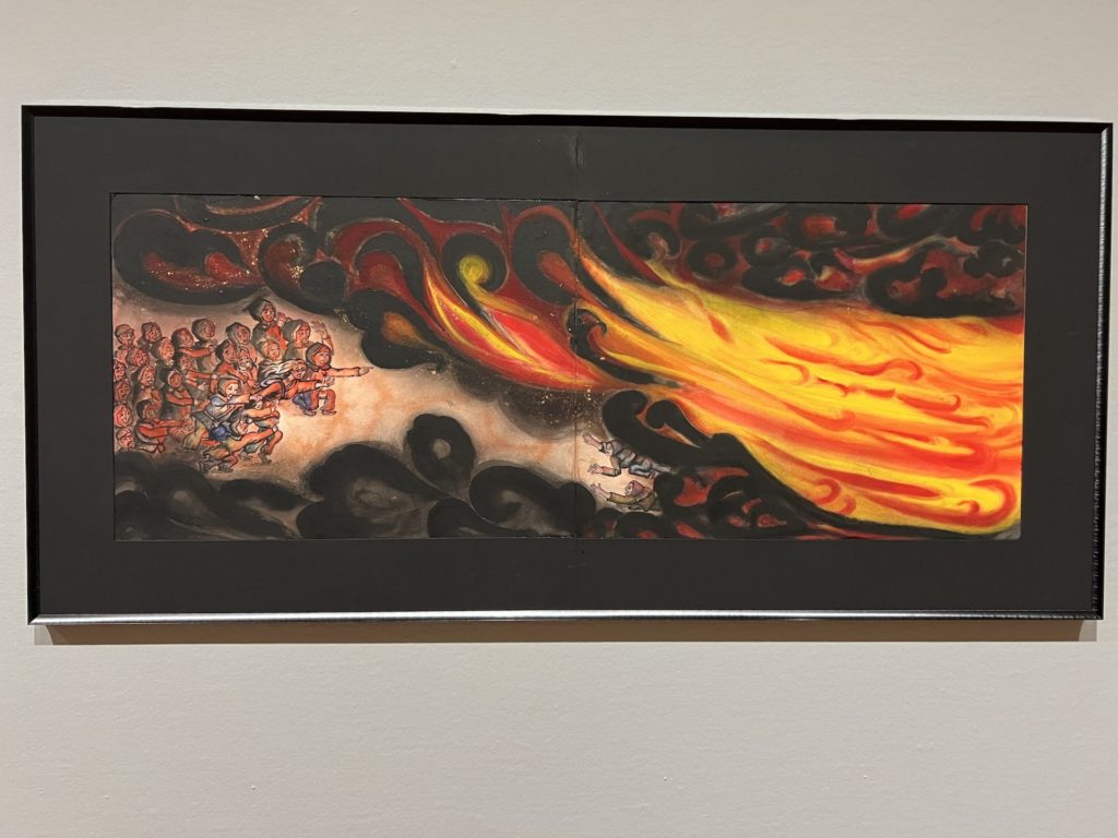 a large rectangular watercolor painting depicting the Osaka firebombing. On the right is bright orange and red flames extending towards a crowd of people on the left. The painting is largely black and dark tones. 