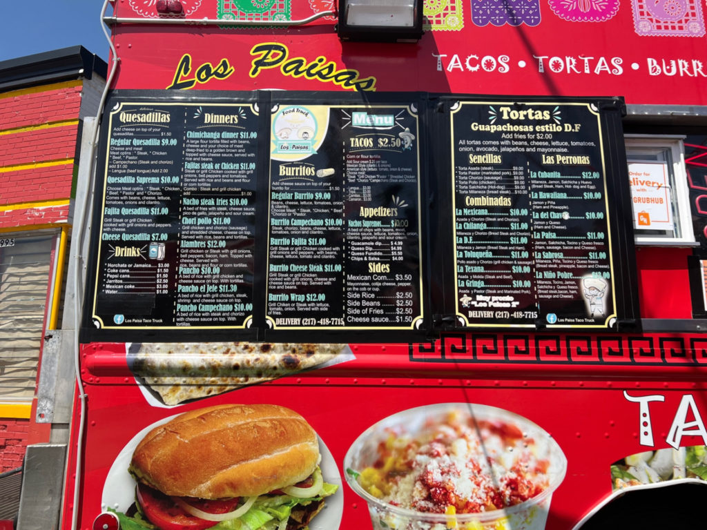 The menu of Los Paisas food truck. Photo by Alyssa Buckley.