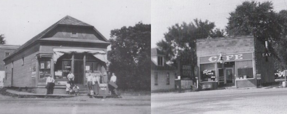 Two black and white images of Savoy, Illinois. On the left, grocery store and post office at the corner of Church Street and Dunlap Avenue around 1920. A wood building with a cloth awning out front. A handful of people are standing near or on the steps. On the right, Savoy cafe on the corner of Church and Dunlap Avenue. A brick building with CAFE painted across the entrance.