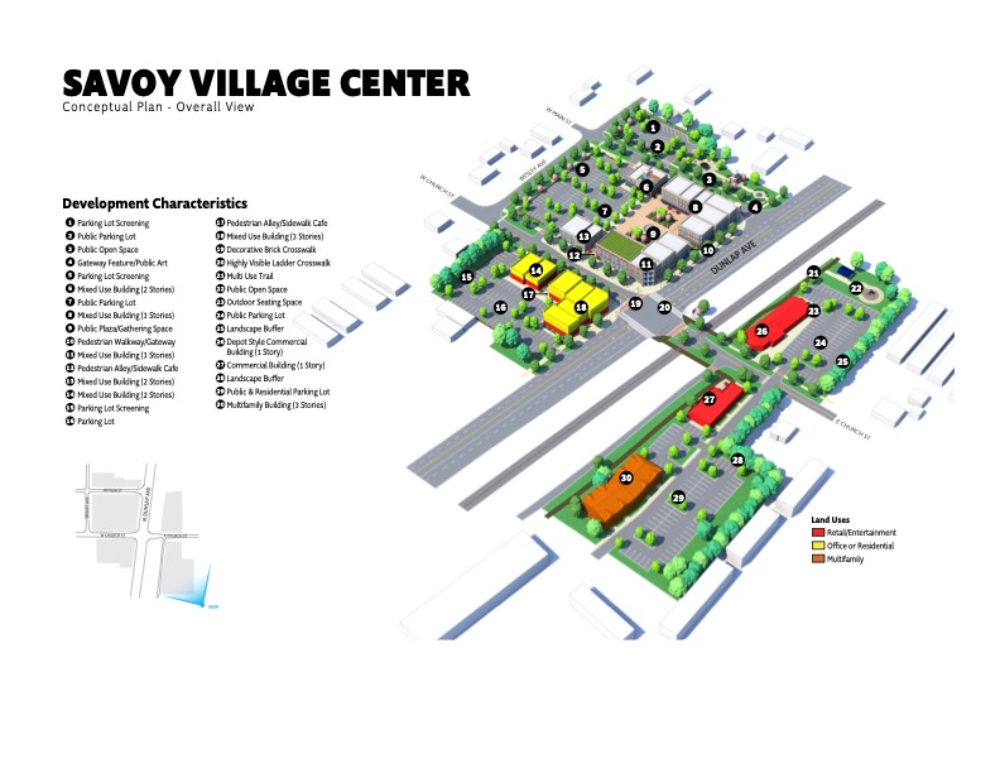 A graphic mock up of Savoy Village Center, a proposed downtown for the Village of Savoy. A drawing of the intersection of Church and Dunlap. On each side of the road are different buildings and parking lots. On the left of the image is a key denoting proposed designated use for each building.