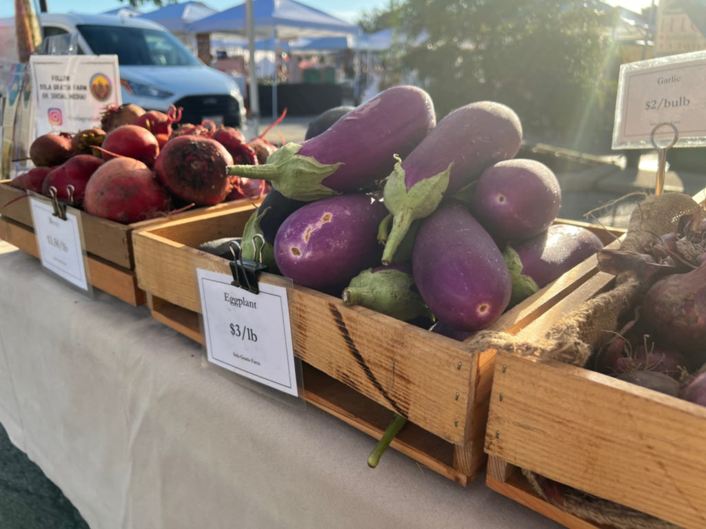 Bright purple eggplants stacked high in a wooden basket at the Urbana Market at the Square. Photo by Alyssa Buckley.