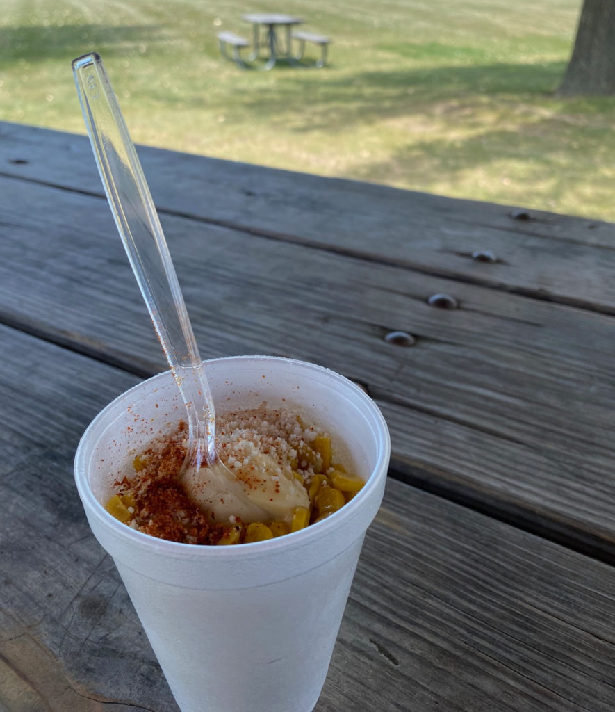 A cup of elote. Photo by Mikey Hillyer.