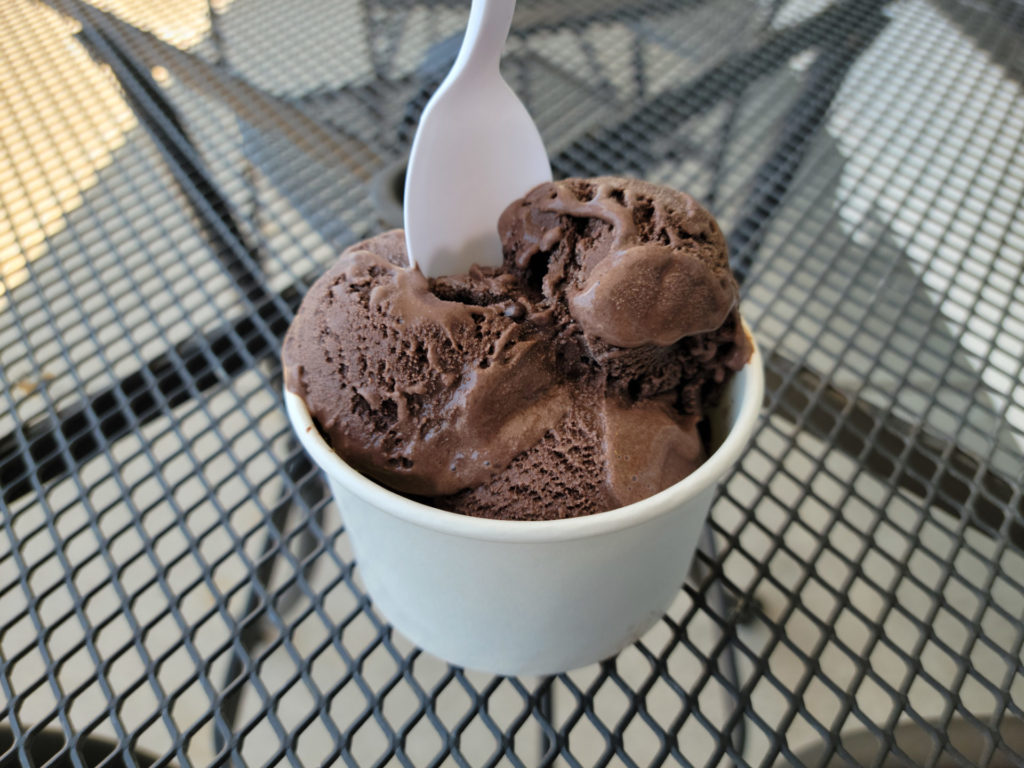 Chocolate ice cream densely packed into a cup from Grovestone. Photo by Matthew Macomber.