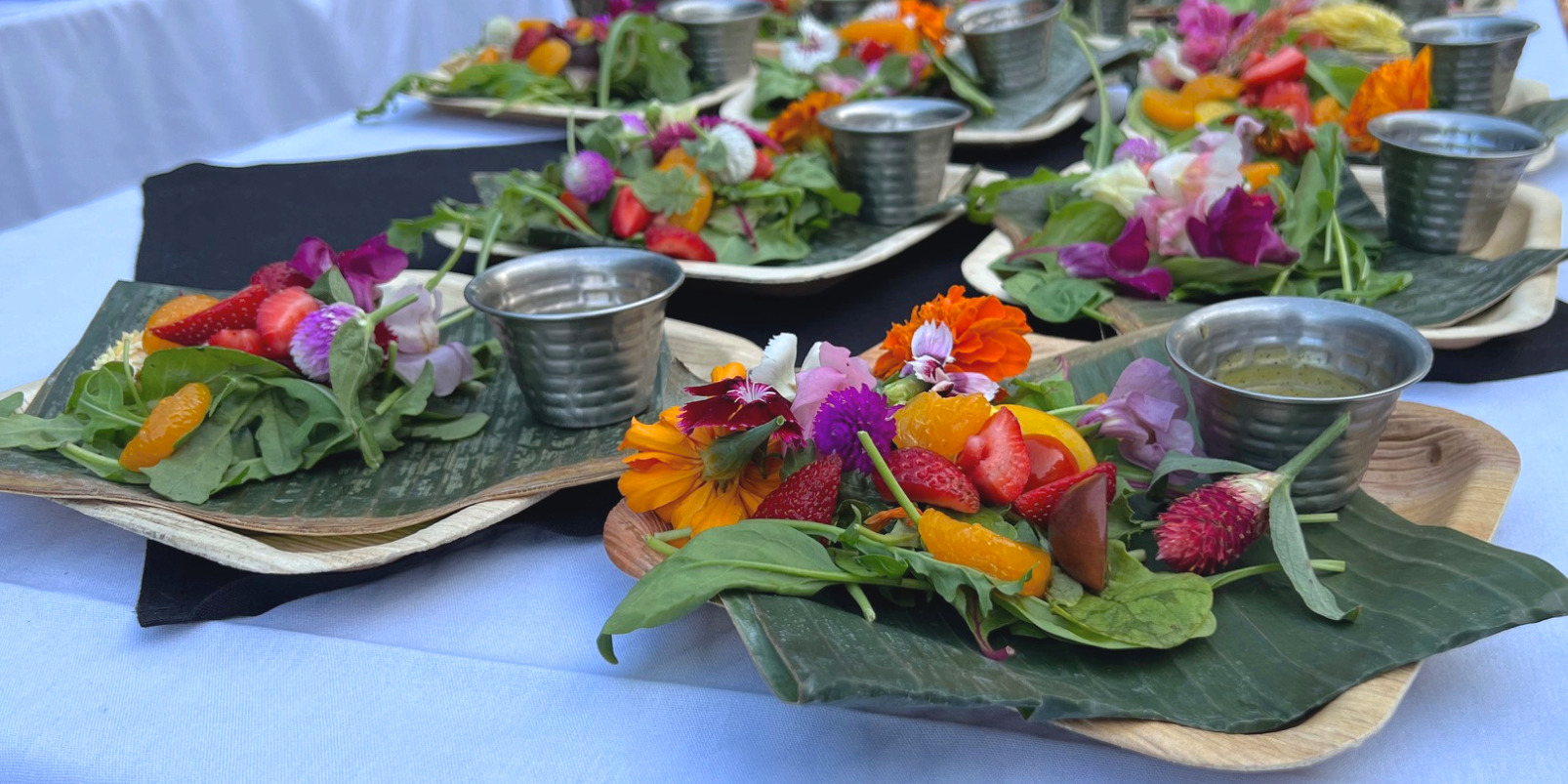 On the table at Maize's tequila dinner, there are several summer salads plated with brightly colored edible flowers ready to be served. Photo by Alyssa Buckley.
