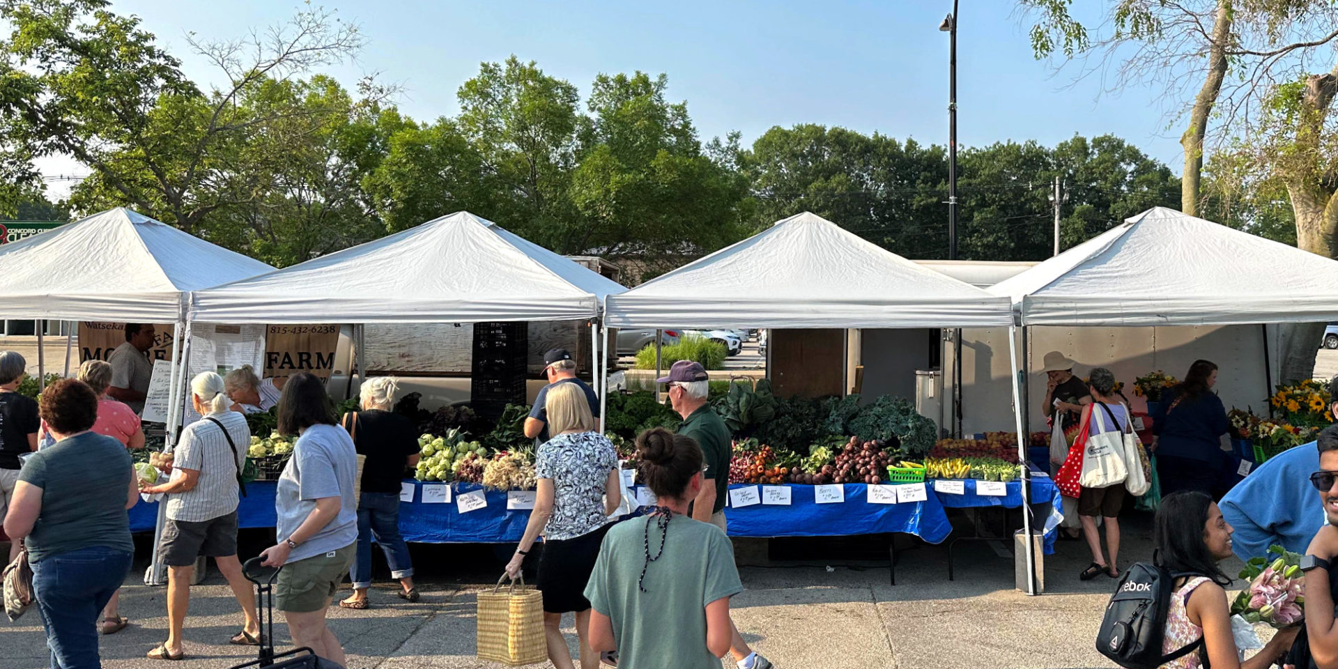 A row of four white tents span the southwest corner of the Urbana market. Under the tents are several tables piled high with fruits and vegetables from Moore Family Farm. In the tent all the way to the right, there are bushels of freshly cut flowers. In the tent all the way to the left, Wes Moore stands behind a cash register and speaks to his mother, Diann, as she stocks produce. Photo by Photo by Jake Williams.