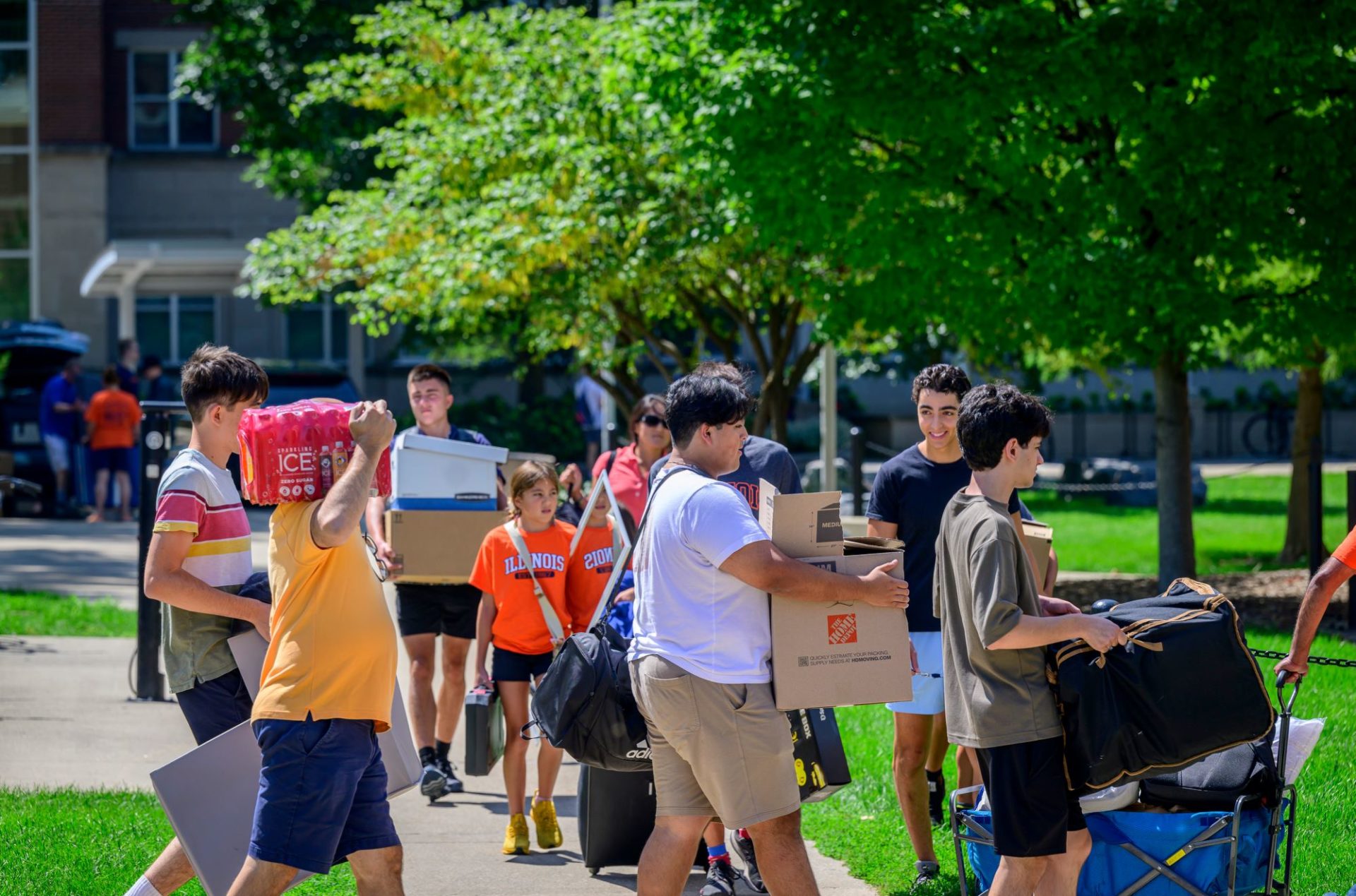 Students are carrying boxes and other items down a sidewalk on move in day at University of Illinois.