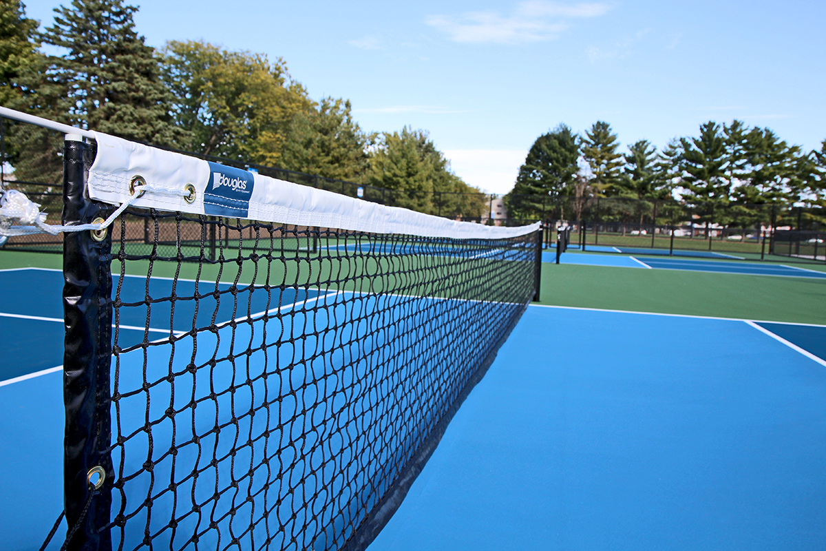 Close up of a black net stretched across a bright blue court. There is another blue court in the distance, and trees along the horizon.