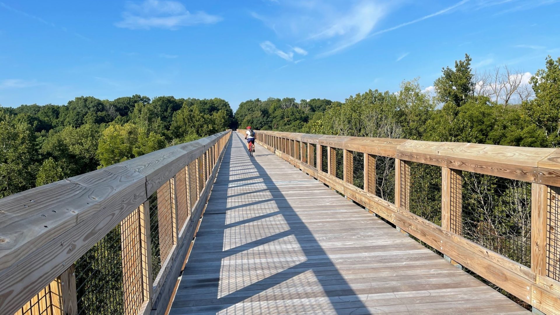 A long wooden bridge stretches to the horizon, where there are green leafy trees. There is a person on a bicycle in the distance.