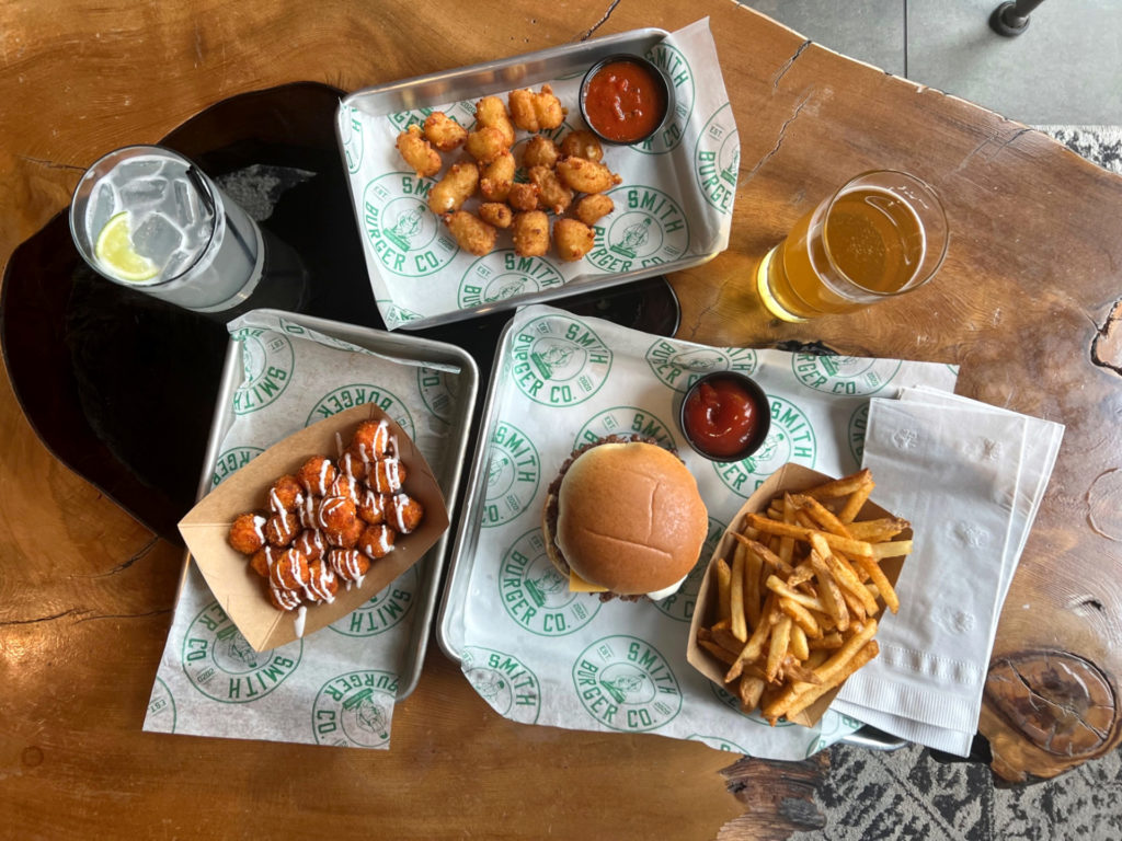 An overhead photo of the author's first meal at Smith Burger Co at Collective Pour in Downtown Champaign. Photo by Alyssa Buckley.