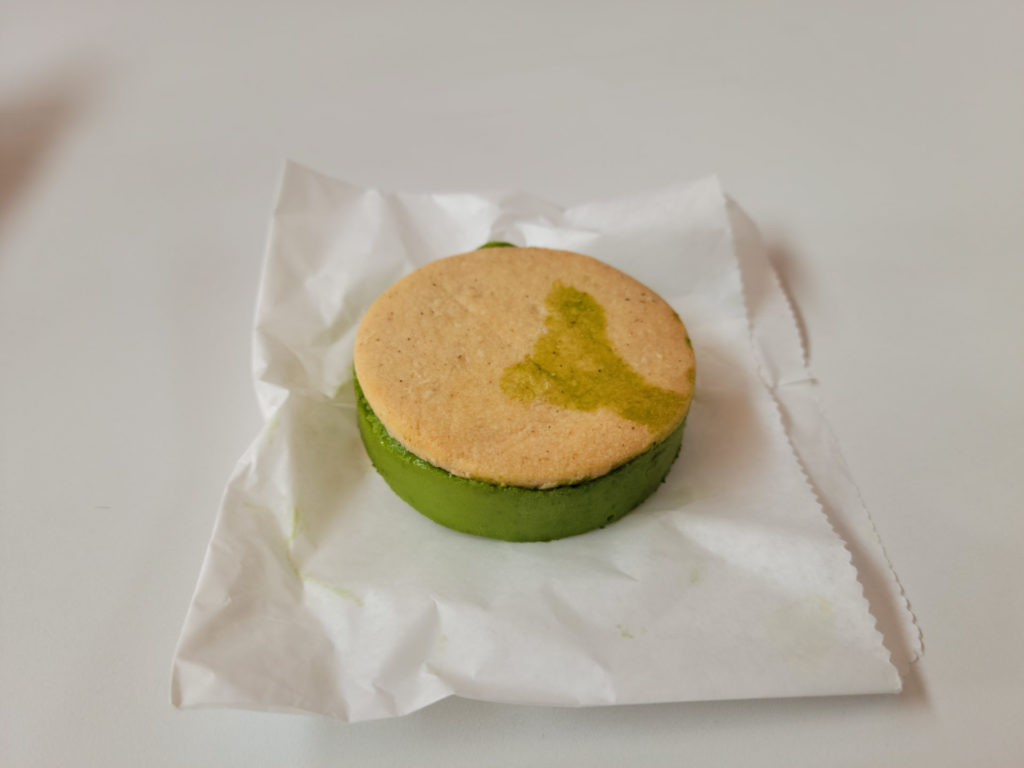 Matcha ice cream sandwich on top of the pocket holder from of Suzu’s. Photo by Matthew Macomber.