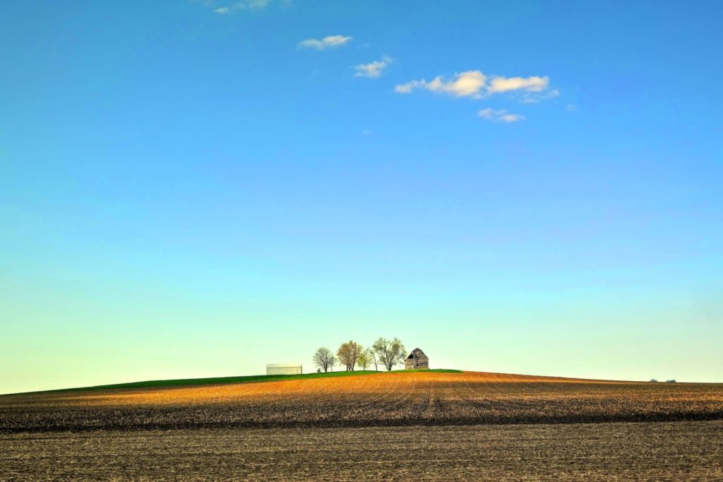 Bare landscape with a bright blue sky and a few trees in the center in the far distance. 