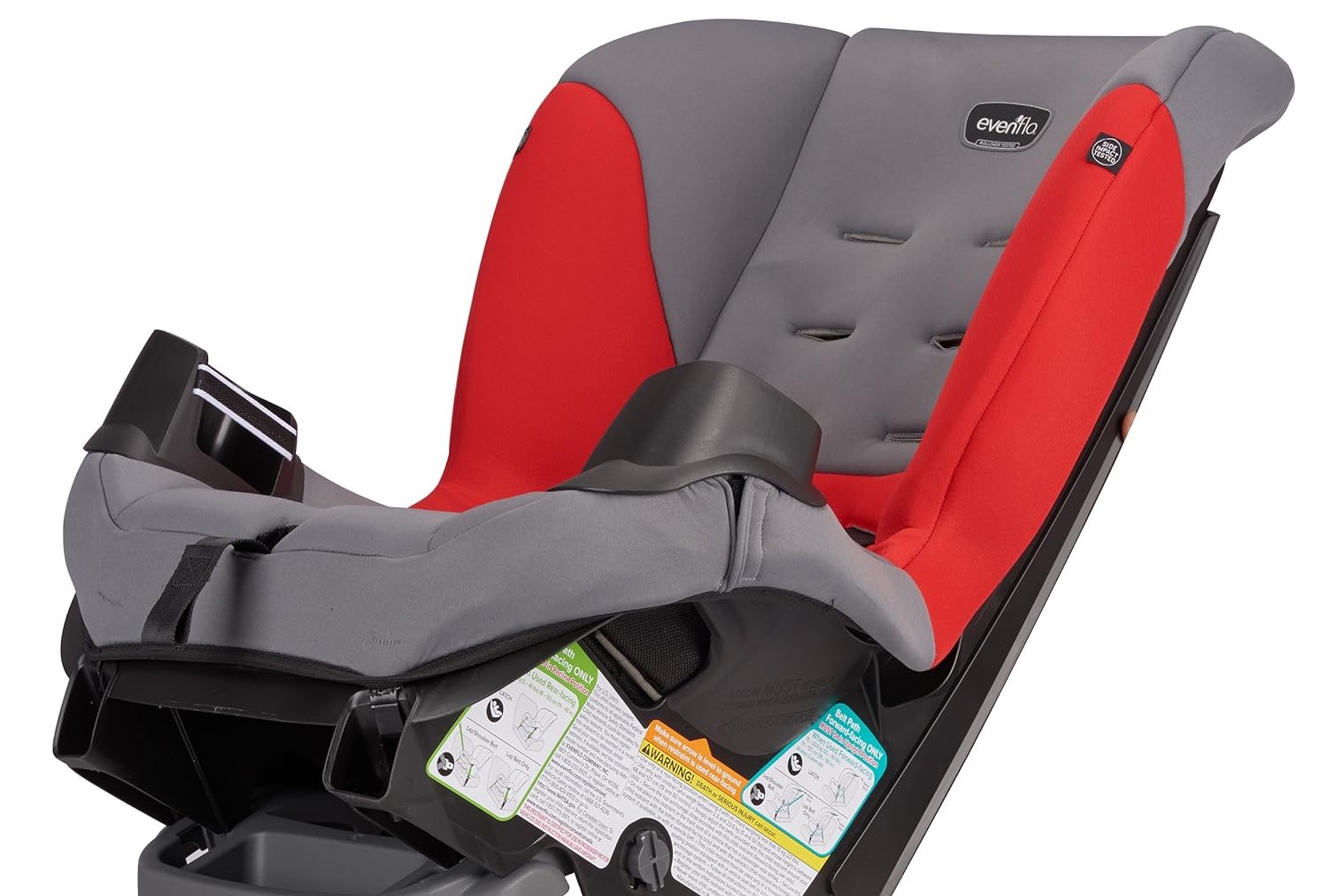 A baby car seat with gray and red fabric.