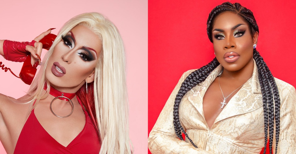 a picture of two drag queens. on the left is Alaska 5000 against a pink background, she wears a red dress, necklace, and lipstick and holds a red phone to her ear. She is white with very long blonde hair. On the left is Monet X Change set against a red backdrop wearing a gold dress and staring into the camera, her hair is braided and pulled back, she wears a silver cross on her neck.