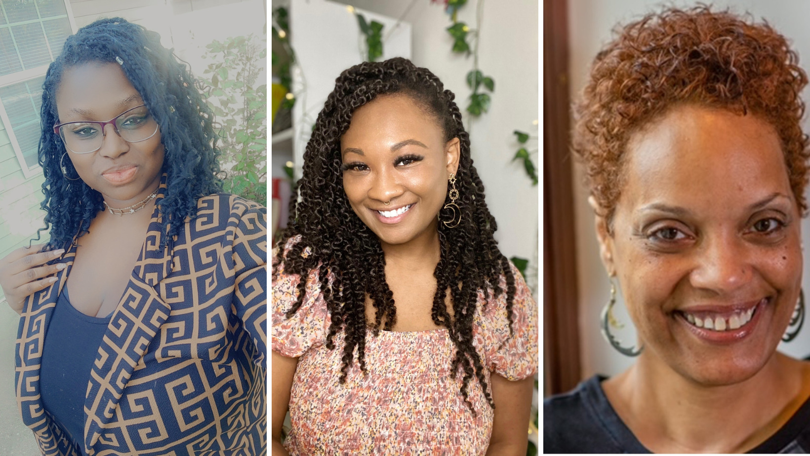 Three headshots of Black women, side by side. The first has medium length black hair, glasses, and a plaid blazer. The second has long black hair and a floral top, the third has short reddish brown hair and a navy blue top.