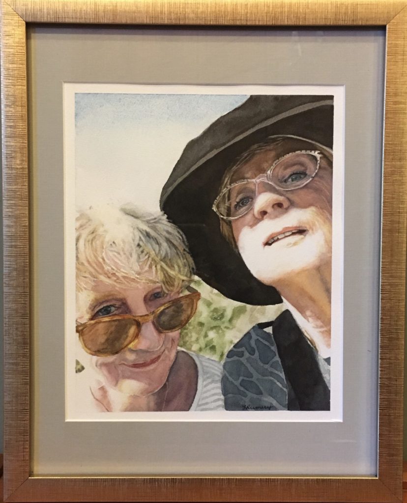 Drawing of two older white women looking as though they are taking a selfie