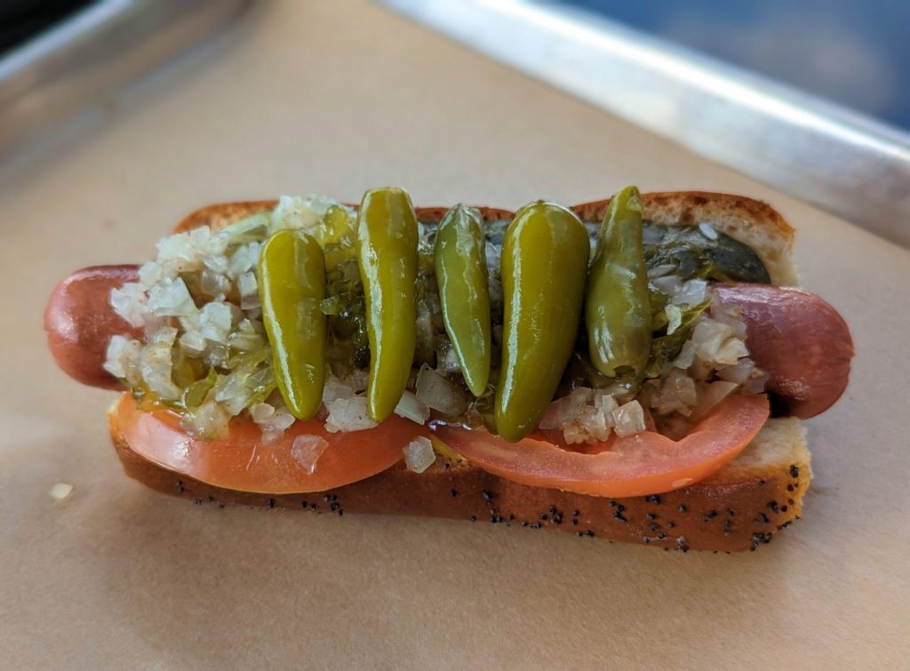 A chicago dog from Martinelli's Market in Champaign, Illinois.