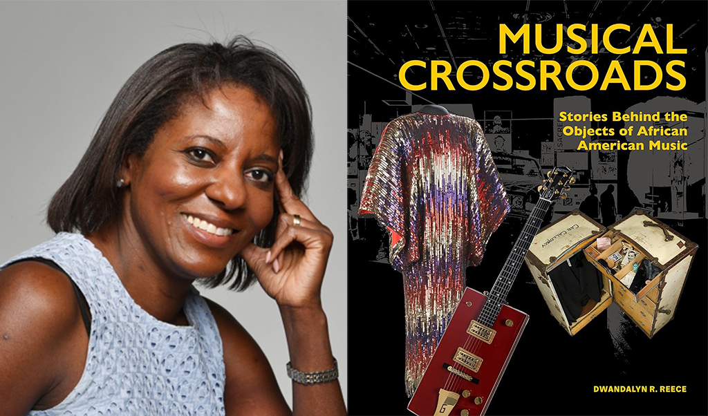 The image combines two images. The image on the left is of a black female wearing a light blue blouse and resting holding a hand up to her face. The right side features a book cover titled “Musical Crossroads: Stories Behind the Objects of African American Music” by Dwandalyn R. Reece. The cover is black with white text and a collage of images on the right side, including a guitar, a microphone, and a record player. The background of the collage is a black and white image of a crowd at a concert.