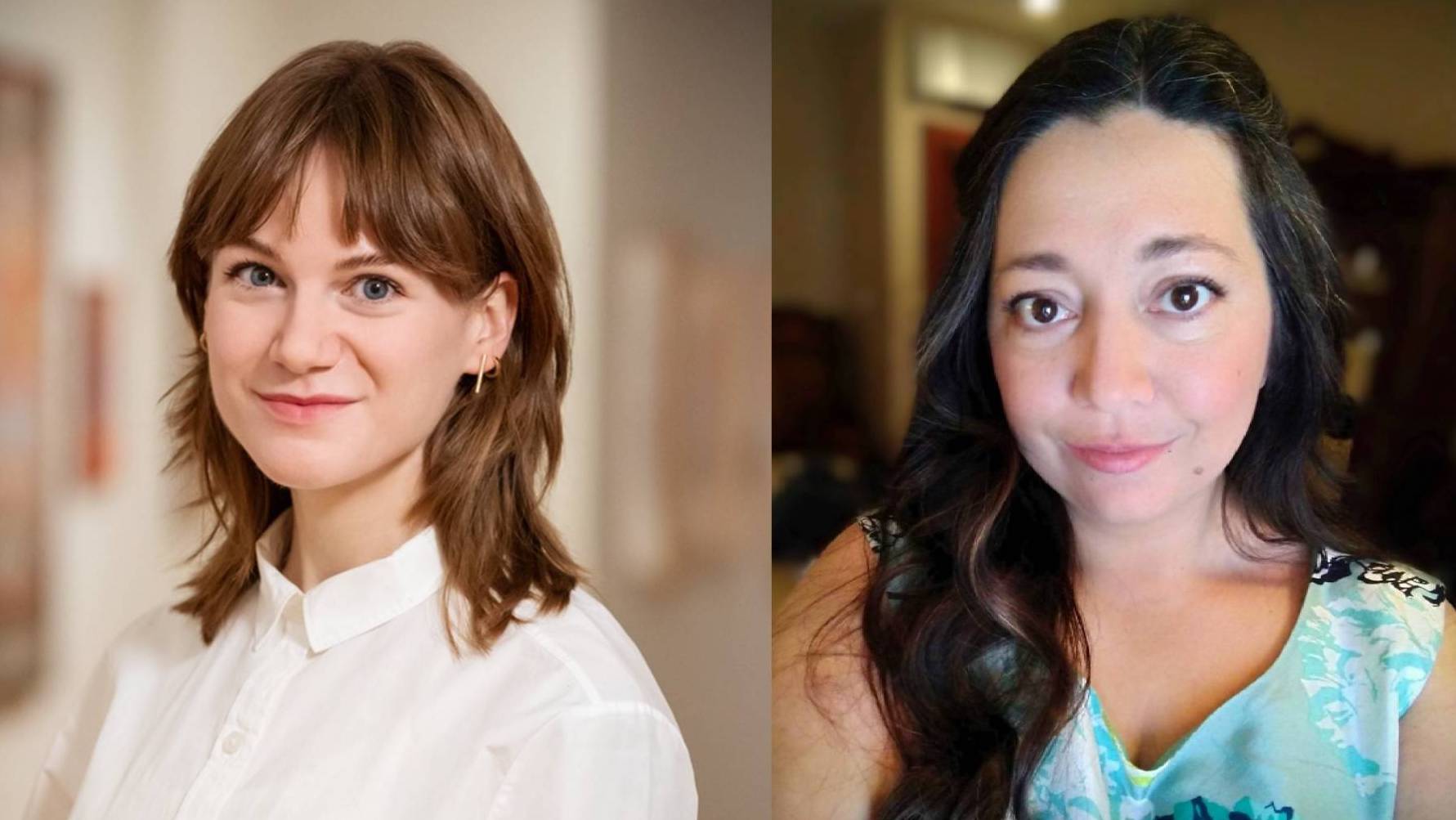 A two photo collage: left is Kamila Glowacki, a young white woman with short light brown hair, wearing a white long sleeve top, smiling at the camera. Right is Melissa Farley, a young white woman with long dark brown hair, wearing a turquoise sleeveless blouse