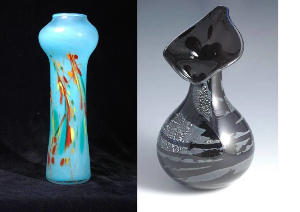 Left: light blue tall thing vase. Right: Grey vase with interesting asymmetrical opening