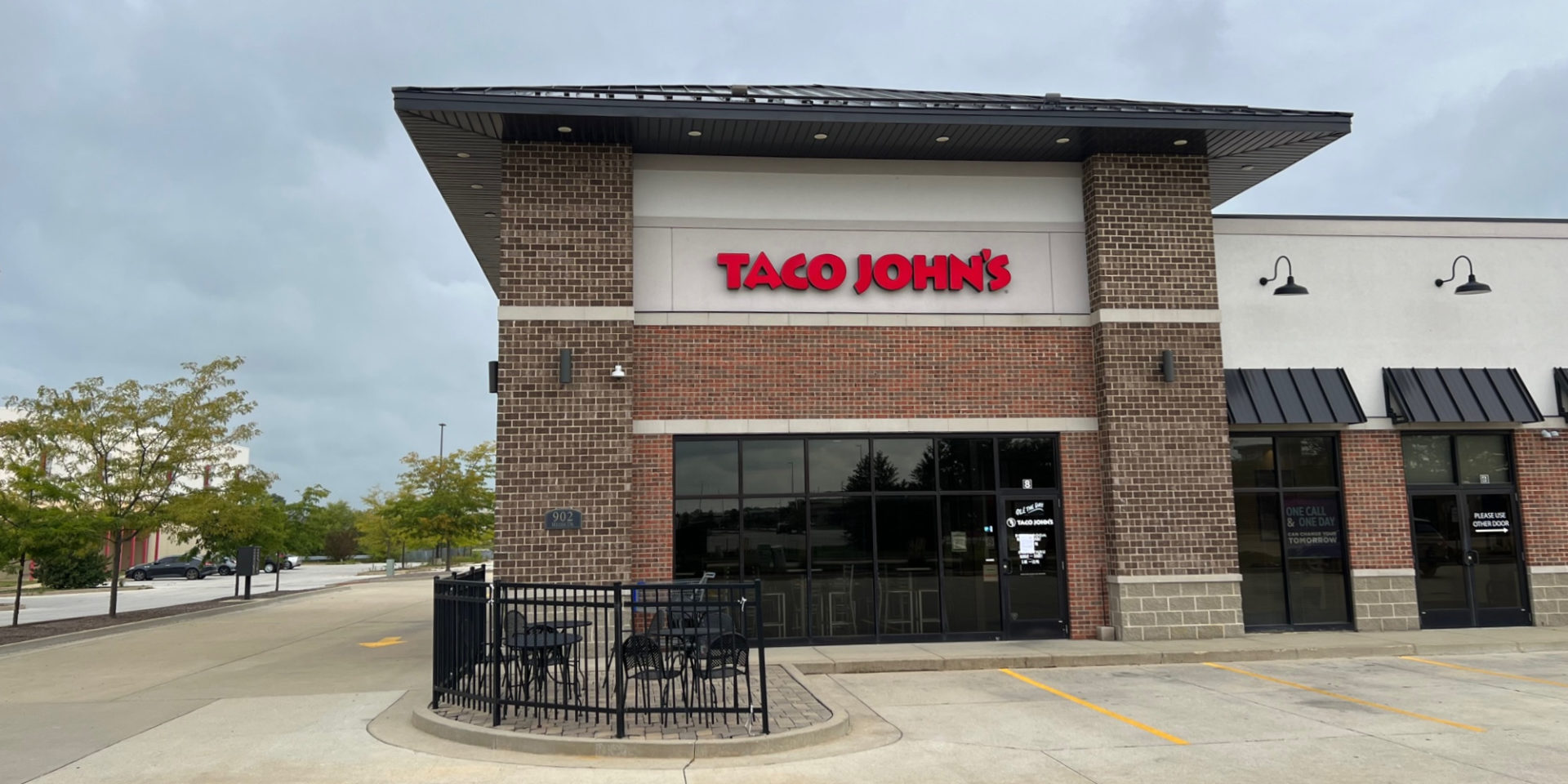Exterior of a plaza fast food chain restaurant Taco John's in Champaign, which is now closed.