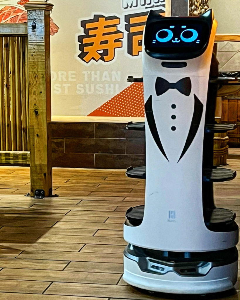A robot with cat ears and a simplistic bowtie and tuxedo shirt on the white body.