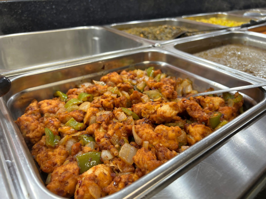 Chili chicken on the buffet line at Ambar India Restaurant