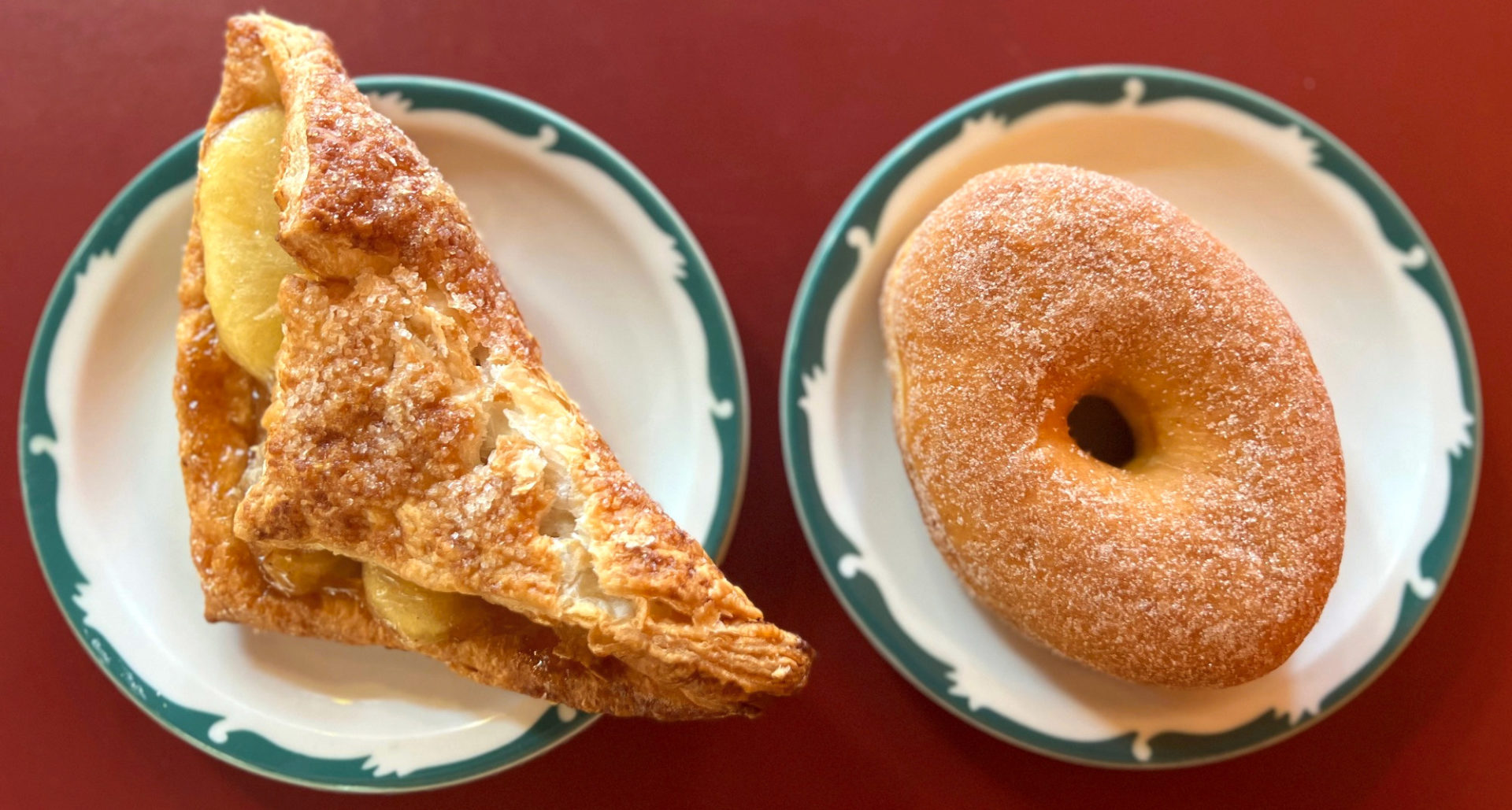 A cropped image of treats by Ricks Bakery an apple turnover and a cinnamon doughnut as part of a list for fall flavors in Champaign-Urbana.