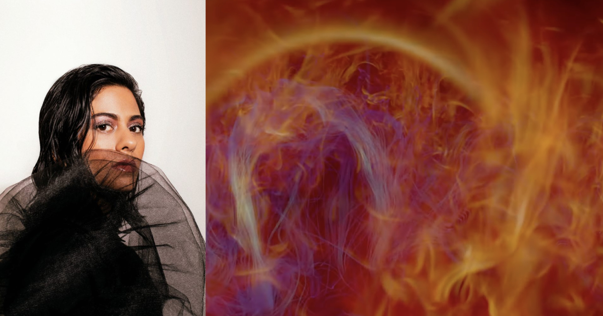 Two images: On the left, a photo of Arushi Jain, an Indian woman wearing a frilly black outfit pictured in profile from the chest up. On the right, an abstract digital visualization with reds, yellows, and fiery blue-purples.