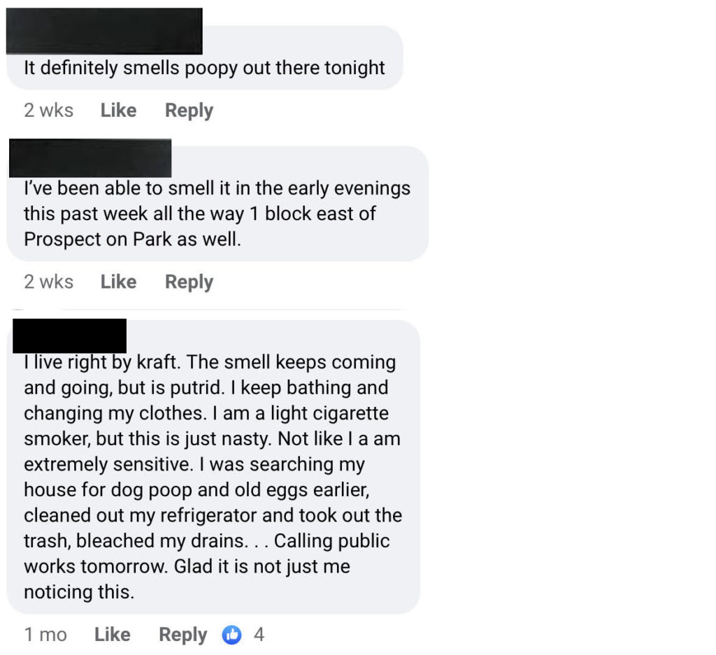Three Facebook comments with the profile photos removed and black rectangles over the names of posters. All three are discussing the foul odor coming from the Kraft plant in Champaign, IL.