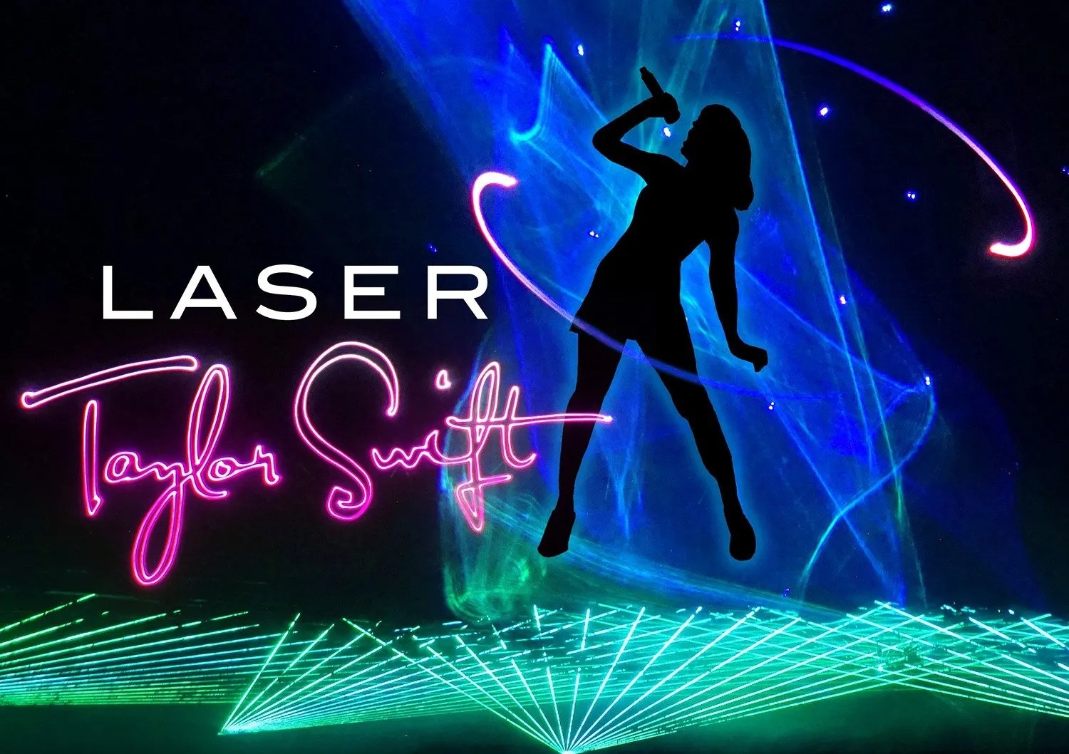 A graphic image of a silhouette of Taylor Swift, signing into a microphone, as blue and green lasers swirl around her.