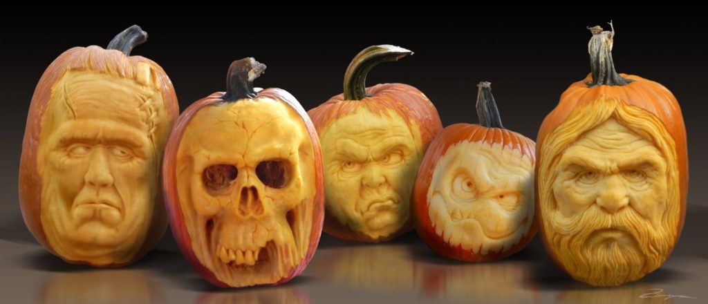 5 elaborately carved pumpkins featuring frankenstein, a skull, and angry scary faces