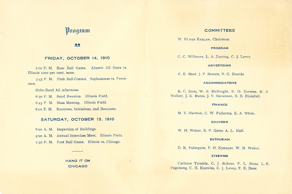The inside cover from the first homecoming game in 1910
