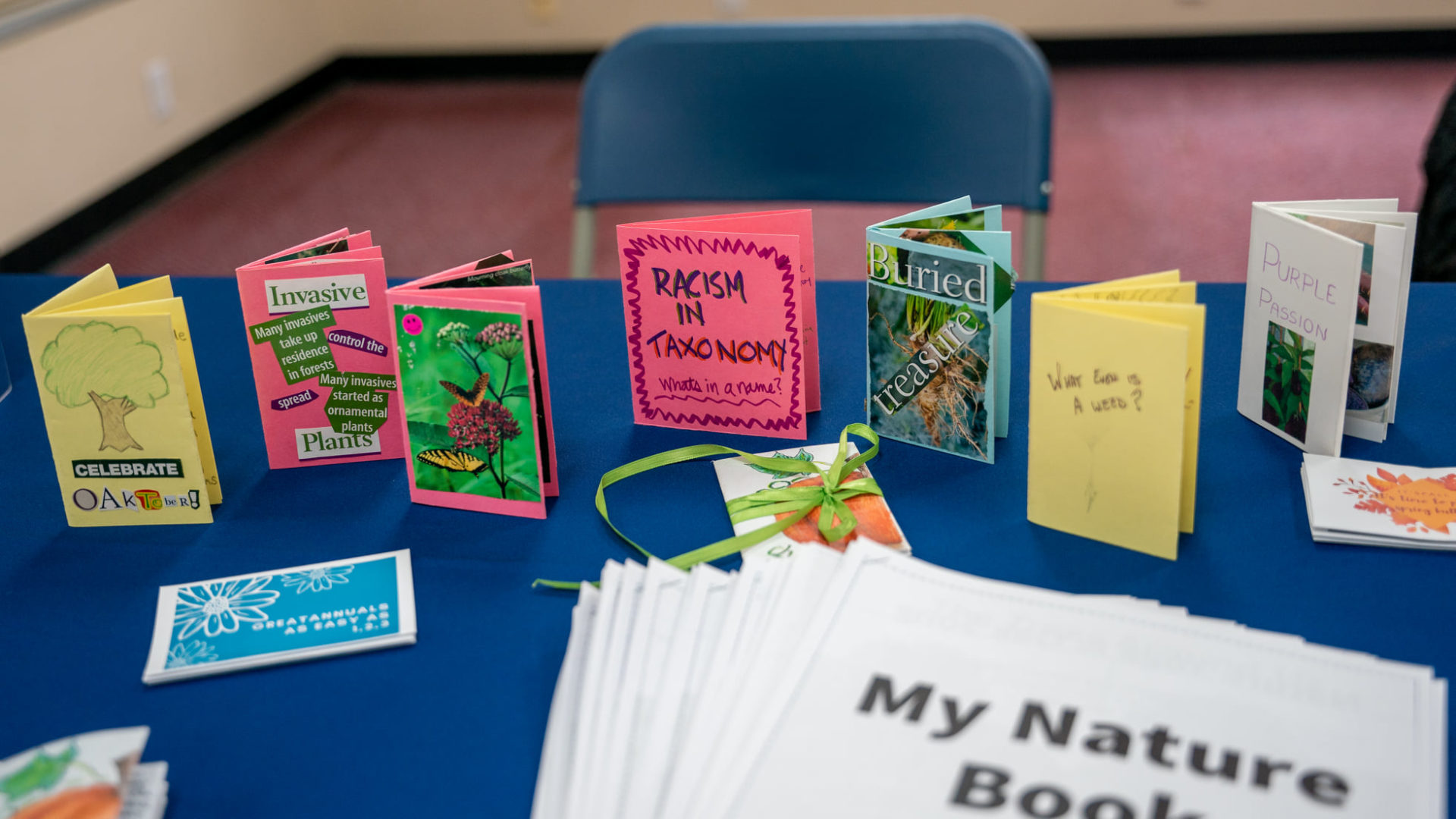 a table at small press fest displays small booklets.