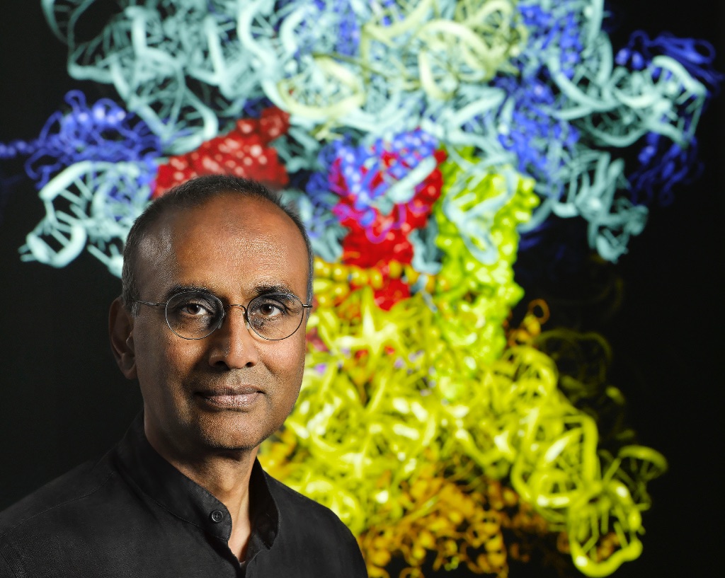 A brown man in thin wire glasses and a black shirt stares into the camera. He sits in front of An illustration of a ribosomal structure. It is made up of long strands in blues, red, yellow, and orange.