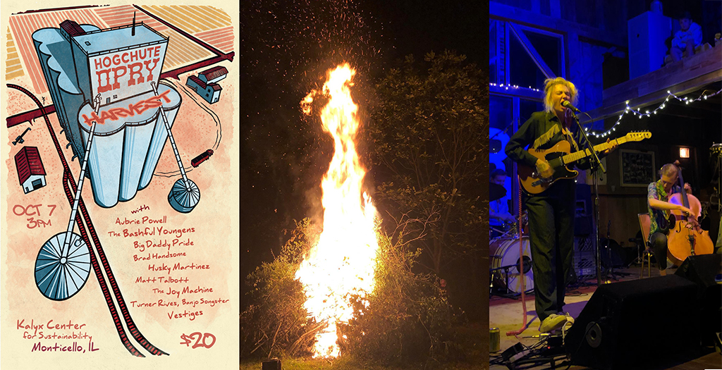3 images including a poster of the event, a bonfire and a live performance.