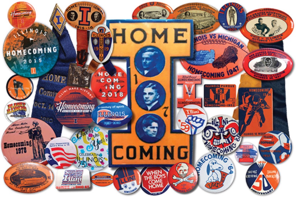 A large collection of pins from various Illinois homecoming weeks. Many of them are round or oval shapes in various colors of orange and blue.
