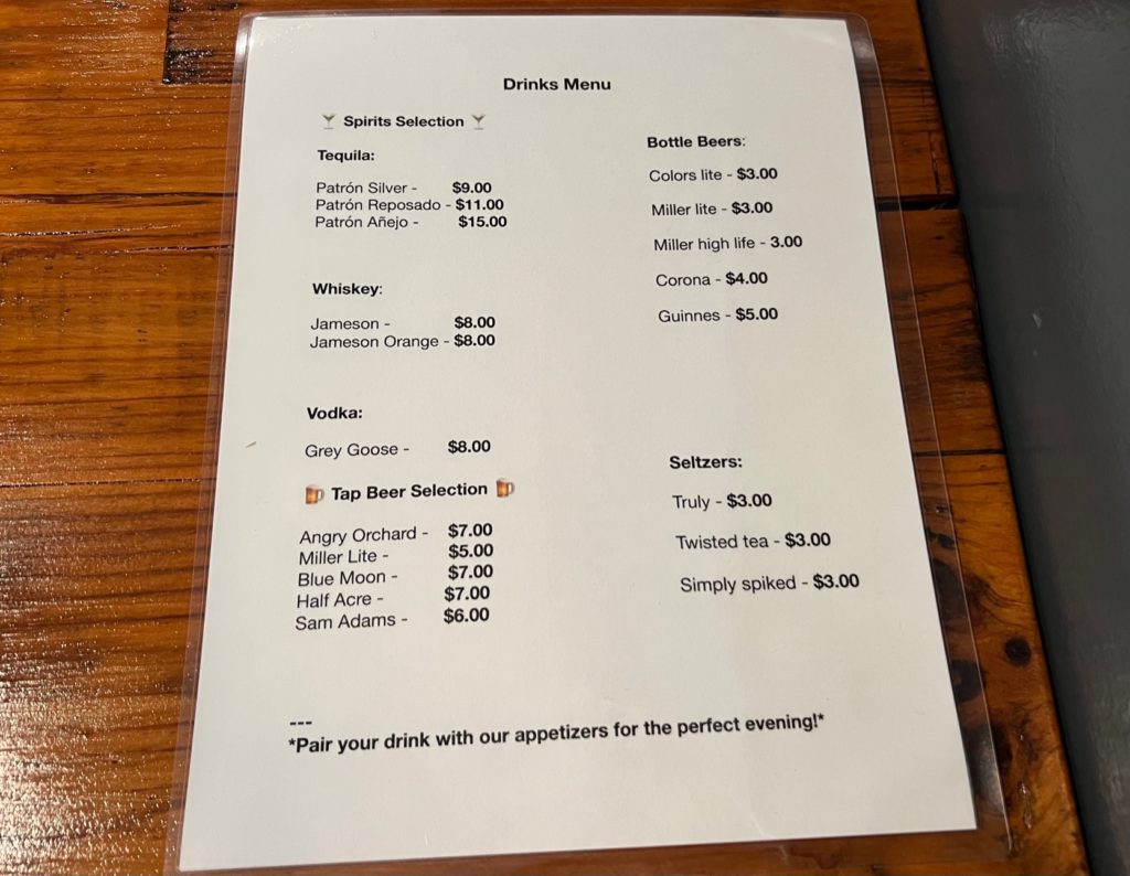 The drinks menu with drinks ranging from $3-$15.