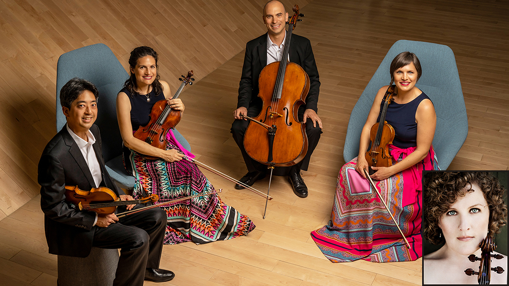 On stage, four individuals are seated on blue chairs, each holding a string instrument. The person on the left, dressed in a black suit, is holding a violin. Next to them, an individual in a vibrant skirt is also playing a violin. On the right, someone in a pink top and colorful skirt is handling a cello. In the back, another person in a black suit is holding a double bass. There is a photo of a woman with a string instrument as an inset in the bottom right corner.