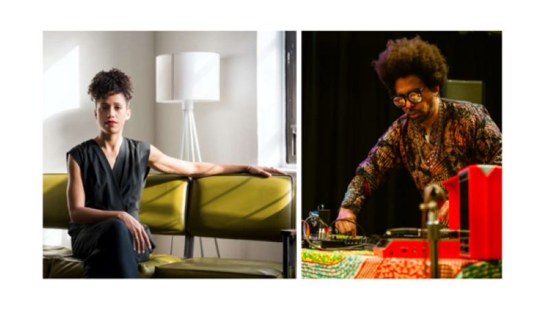 Two side by side images: a Black woman in a black outfit sitting on a pea green bench with arm resting on a back rest. A Black man wearing glasses and a tribal print shirt, leaning over a DJ setup.