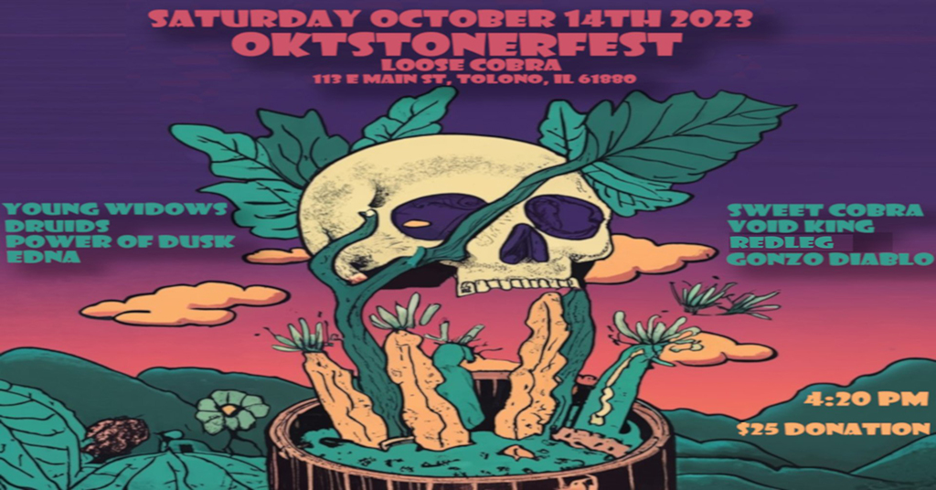 The image showcases a poster for an event named “Oktstonerfest”. A skull, donning a green hat and sprouting a cactus with orange flowers, is the central figure. The backdrop is a purple sky with orange clouds. The poster text, in white, announces the event details including the date, location, band names, donation amount, and start time.