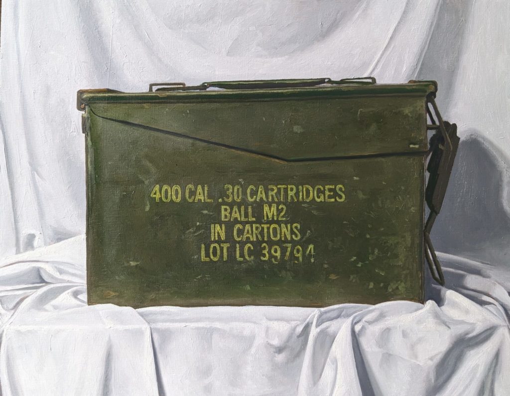 Painting of a green army ammunition metal holder
