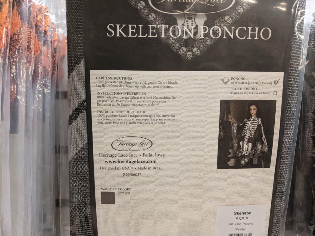 a package of a skeleton poncho with a written description and a woman wearing it in the top right corner. 